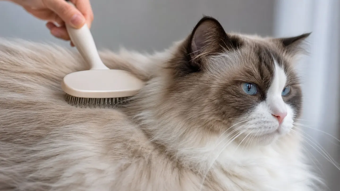 Close-up of a Ragdoll cat coat being groomed with a comb