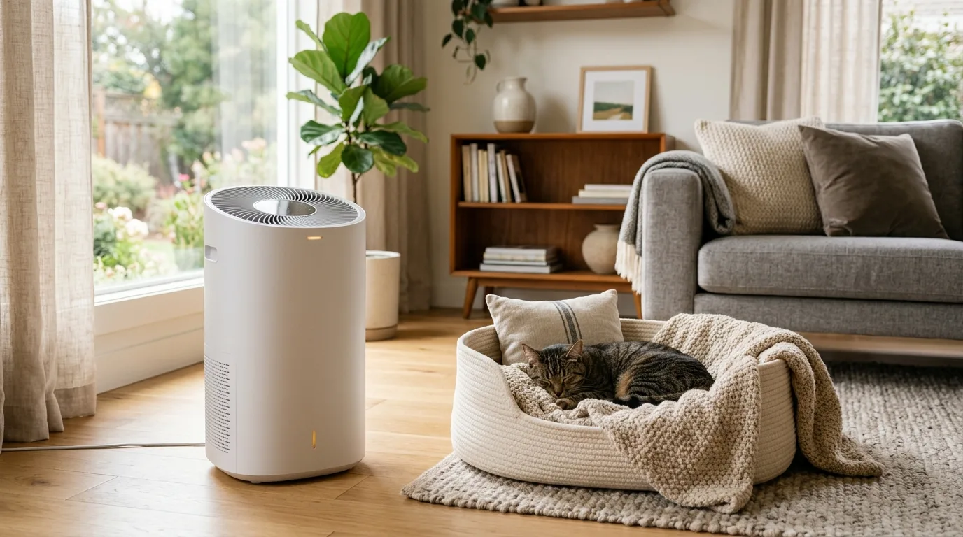 A HEPA air purifier placed next to a cat bed in a living room