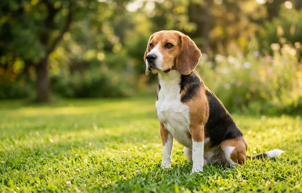 Tricolor Beagle dog sitting outdoors on a sunny green lawn