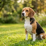 Tricolor Beagle dog sitting outdoors on a sunny green lawn