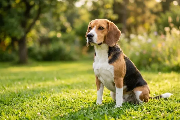 Tricolor Beagle dog sitting outdoors on a sunny green lawn