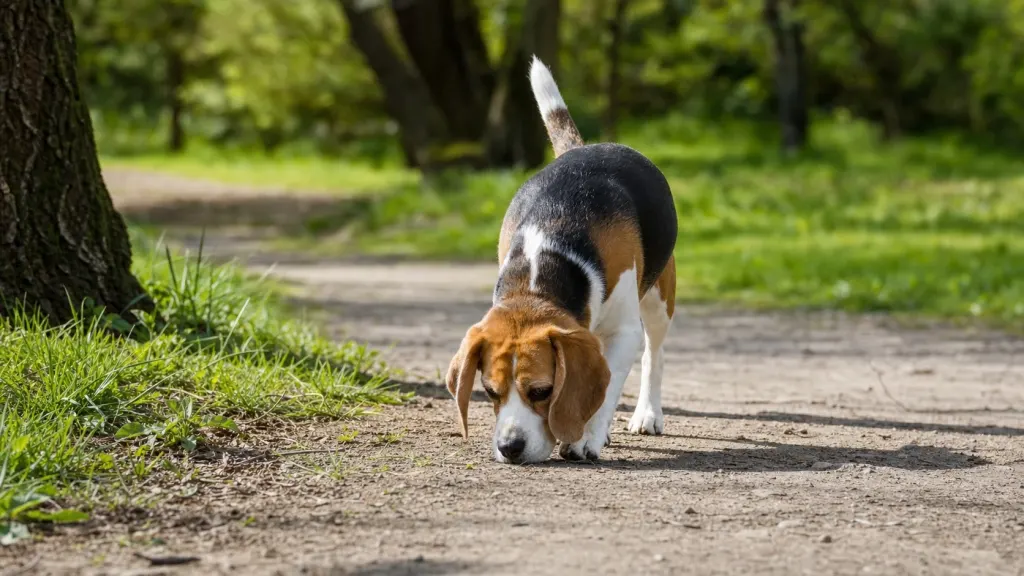 Beagle sniffing a scent trail on an outdoor park path