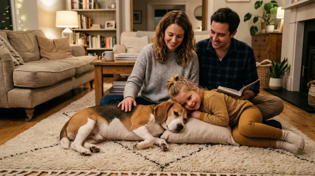 Family spending time indoors with their companion Beagle dog