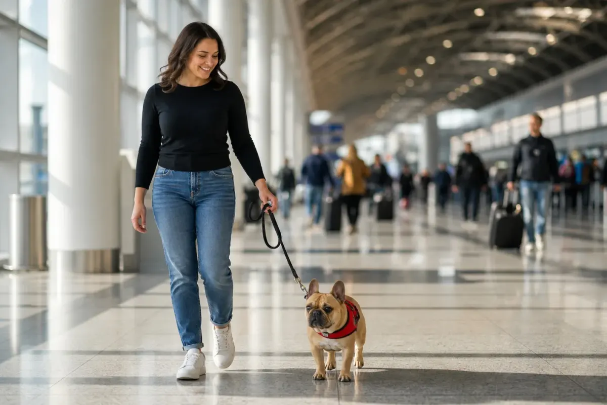 A French Bulldog wearing a red service vest accompanying its owner in a public airport building.