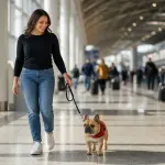 A French Bulldog wearing a red service vest accompanying its owner in a public airport building.