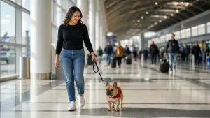 A French Bulldog wearing a red service vest accompanying its owner in a public airport building.