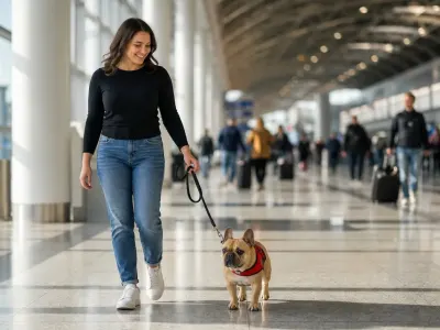 A French Bulldog wearing a red service vest accompanying its owner in a public airport building.