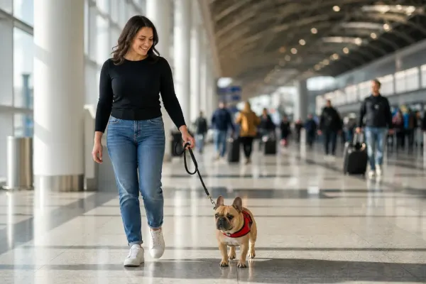 A French Bulldog wearing a red service vest accompanying its owner in a public airport building.