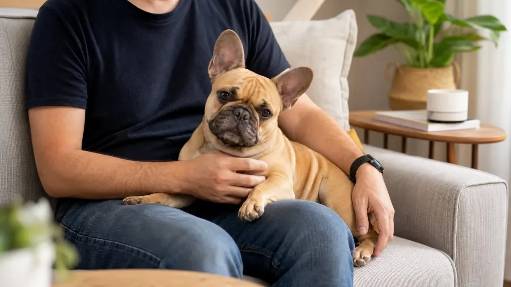 A French Bulldog resting across its handler's lap during a psychiatric service deep pressure therapy session.