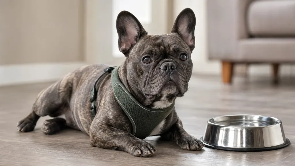 A working French Bulldog equipped with a ergonomic chest harness resting indoors out of heat.