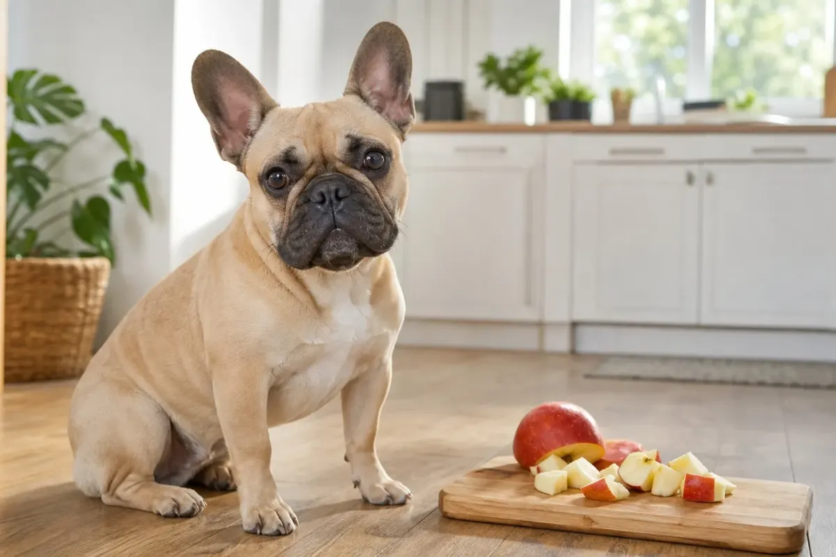 A French Bulldog sitting next to sliced red apples on a cutting board