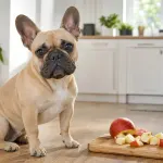 A French Bulldog sitting next to sliced red apples on a cutting board
