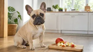 A French Bulldog sitting next to sliced red apples on a cutting board