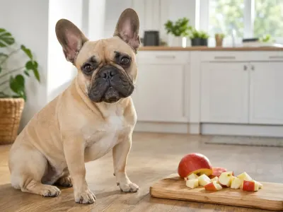 A French Bulldog sitting next to sliced red apples on a cutting board