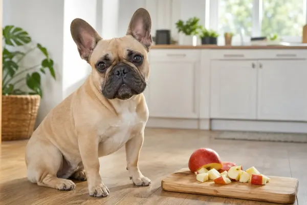 A French Bulldog sitting next to sliced red apples on a cutting board