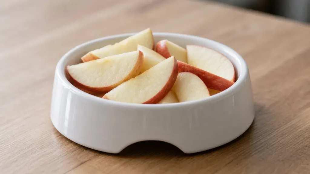 Freshly sliced apple pieces prepared safely for a dog without seeds or core