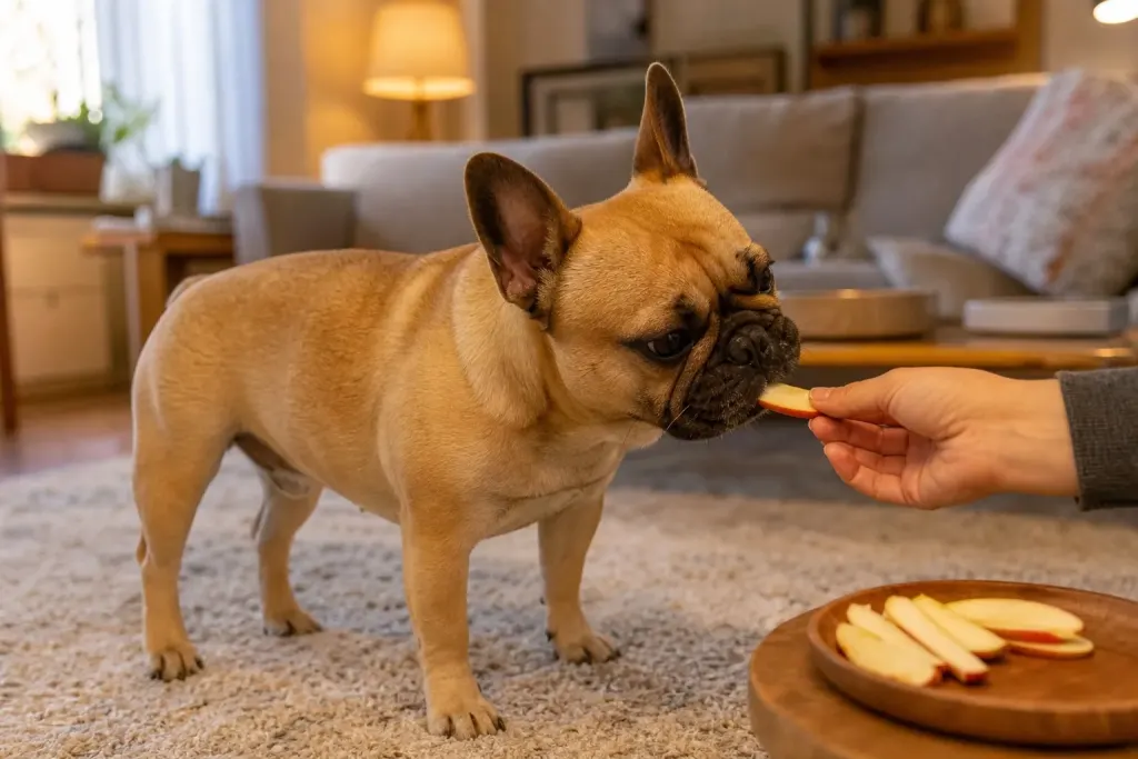 Owner hand-feeding small apple pieces to a French Bulldog
