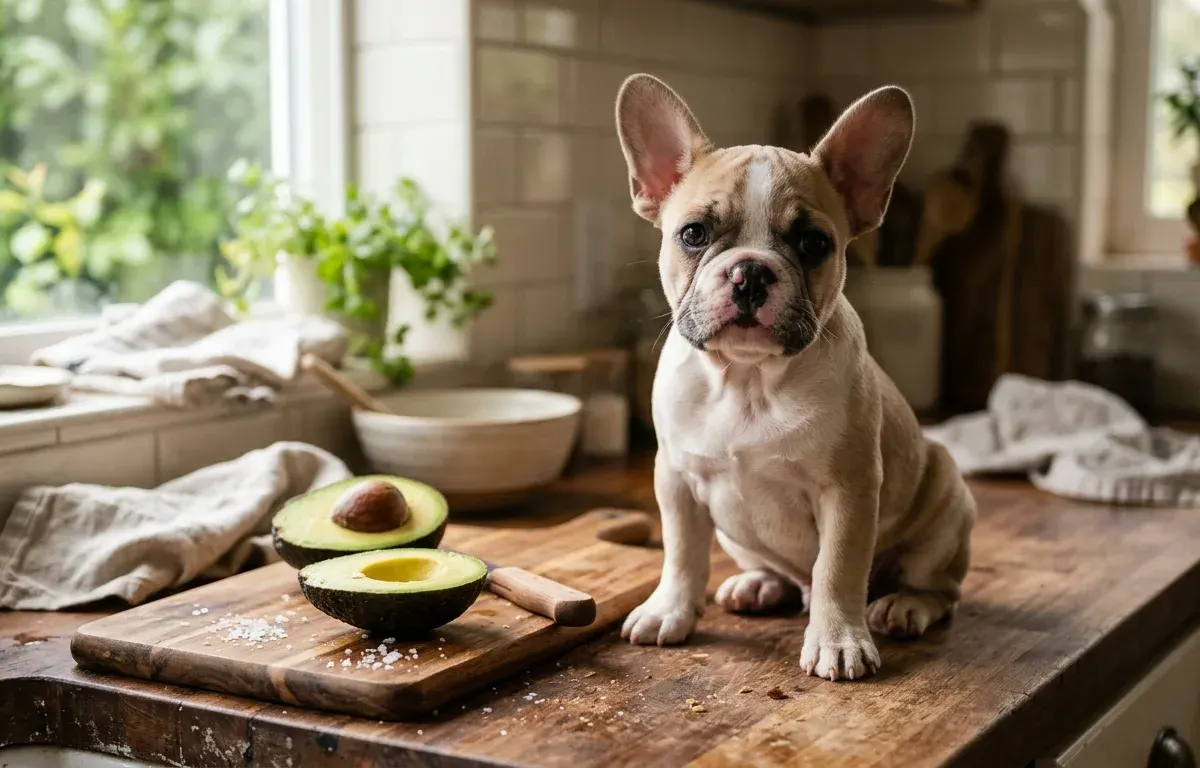 French Bulldog sitting near a sliced avocado on a kitchen counter