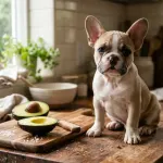 French Bulldog sitting near a sliced avocado on a kitchen counter
