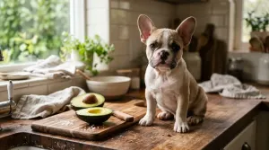 French Bulldog sitting near a sliced avocado on a kitchen counter