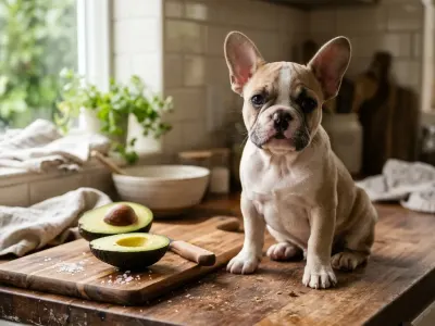French Bulldog sitting near a sliced avocado on a kitchen counter