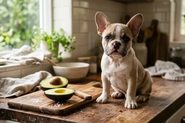 French Bulldog sitting near a sliced avocado on a kitchen counter