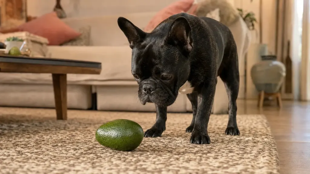 French Bulldog observing a whole avocado on the floor