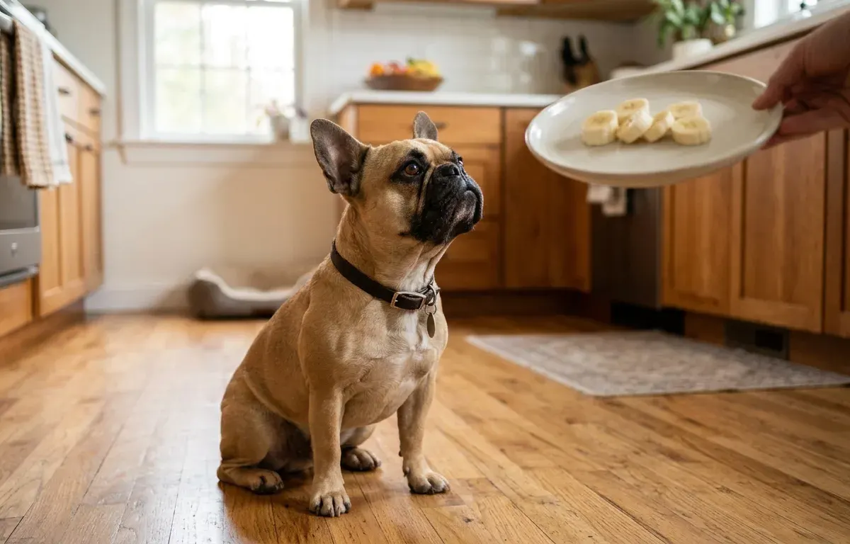 A fawn French Bulldog looking at fresh banana slices on a plate