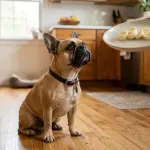 A fawn French Bulldog looking at fresh banana slices on a plate