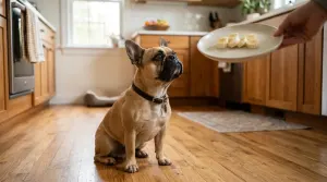 A fawn French Bulldog looking at fresh banana slices on a plate