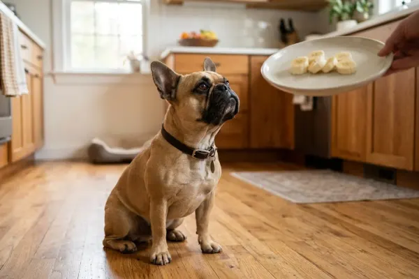 A fawn French Bulldog looking at fresh banana slices on a plate