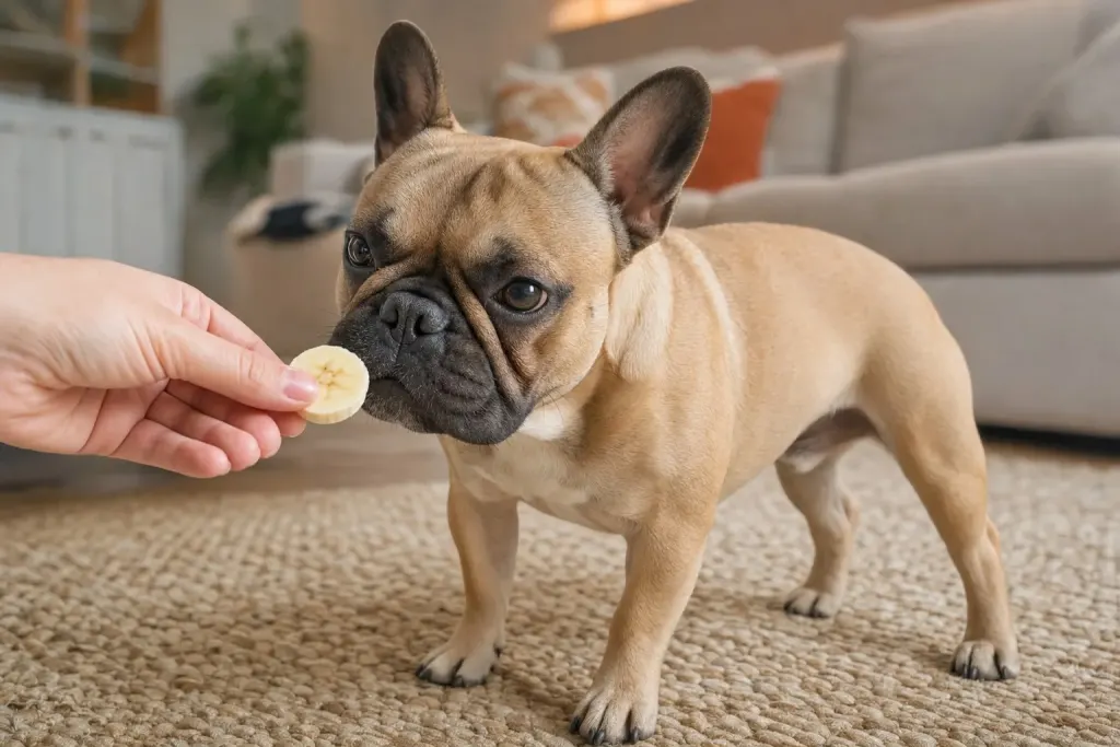 Close-up of a French Bulldog sniffing a fresh banana slice