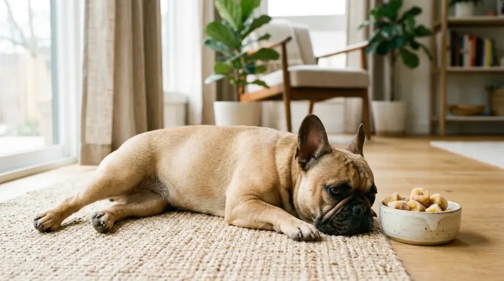A French Bulldog sitting near safe frozen banana treats