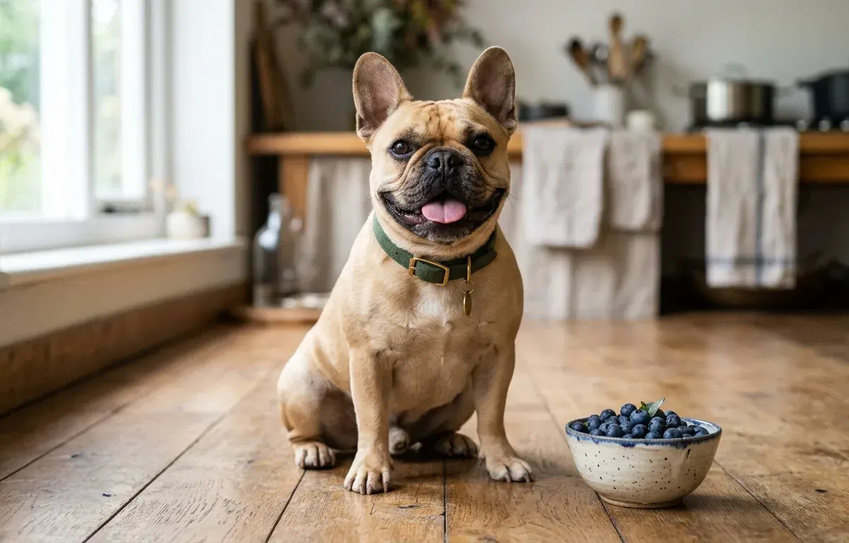 A fawn French Bulldog sitting on a kitchen floor next to a bowl of fresh blueberries.