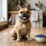 A fawn French Bulldog sitting on a kitchen floor next to a bowl of fresh blueberries.