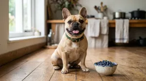 A fawn French Bulldog sitting on a kitchen floor next to a bowl of fresh blueberries.
