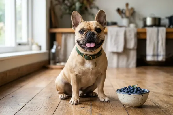 A fawn French Bulldog sitting on a kitchen floor next to a bowl of fresh blueberries.