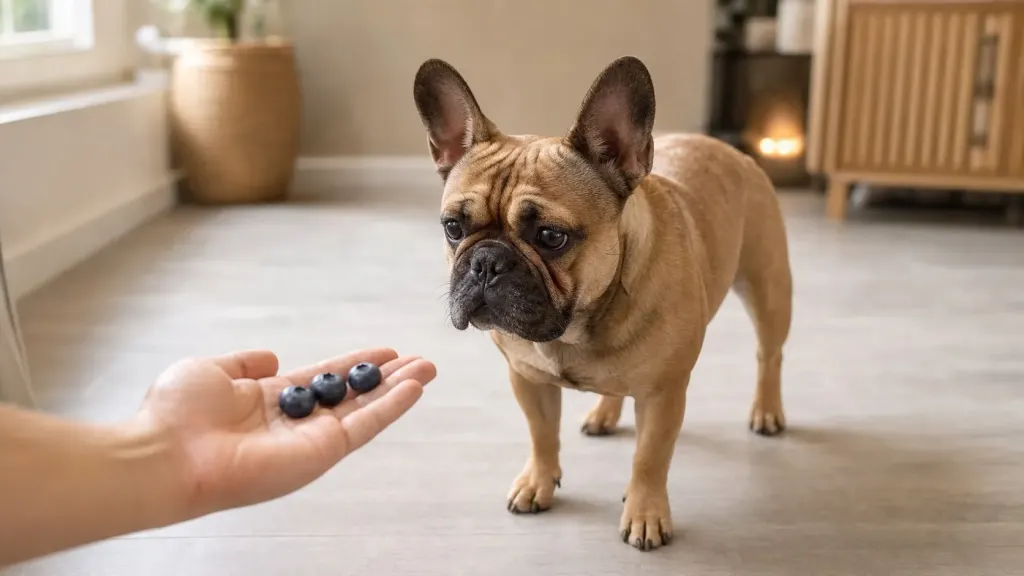 A dog owner feeding a small portion of blueberries to a French Bulldog.