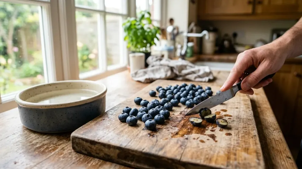 Fresh blueberries sliced on a cutting board prepared as safe treats for a French Bulldog.