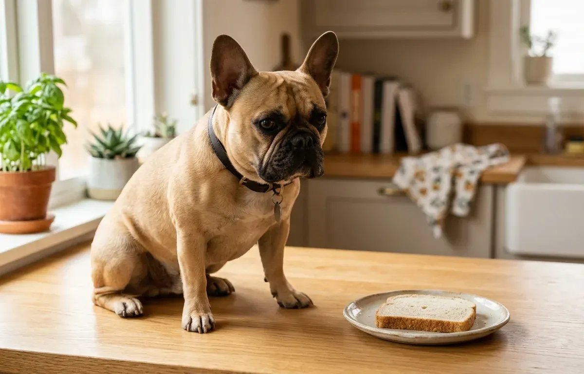 French Bulldog sitting next to a plate with a small piece of plain bread