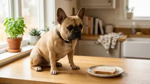 French Bulldog sitting next to a plate with a small piece of plain bread