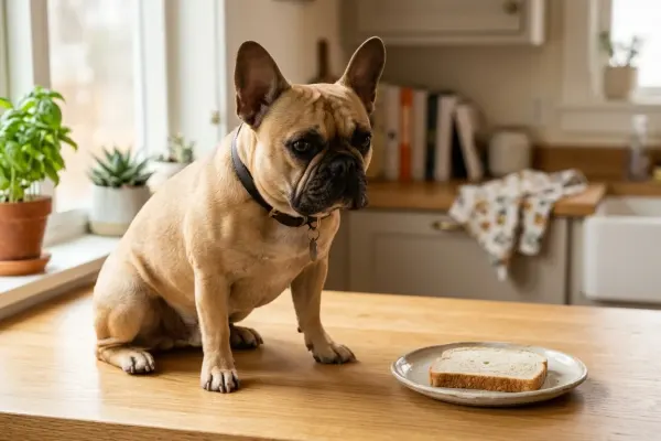 French Bulldog sitting next to a plate with a small piece of plain bread