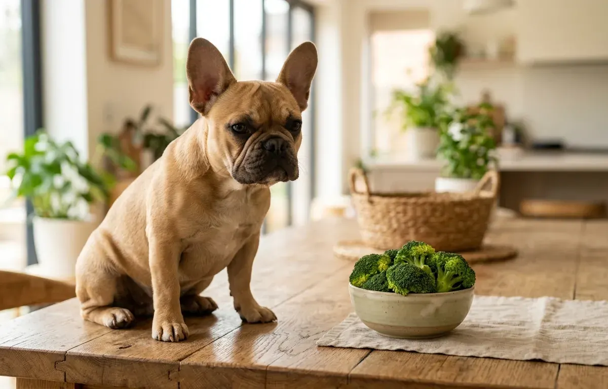 A French Bulldog sitting next to a bowl of fresh broccoli florets on a wooden table