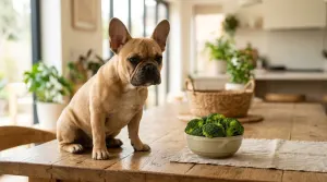 A French Bulldog sitting next to a bowl of fresh broccoli florets on a wooden table