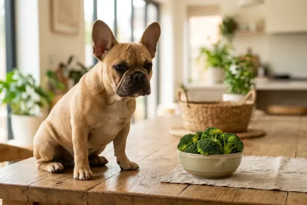 A French Bulldog sitting next to a bowl of fresh broccoli florets on a wooden table