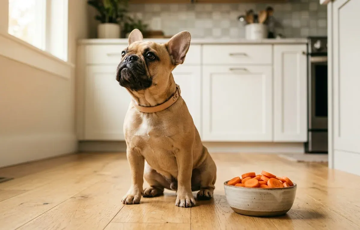 French Bulldog sitting next to a bowl of fresh sliced carrots on the kitchen floor