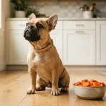 French Bulldog sitting next to a bowl of fresh sliced carrots on the kitchen floor