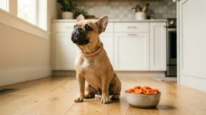 French Bulldog sitting next to a bowl of fresh sliced carrots on the kitchen floor