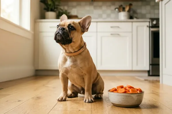 French Bulldog sitting next to a bowl of fresh sliced carrots on the kitchen floor