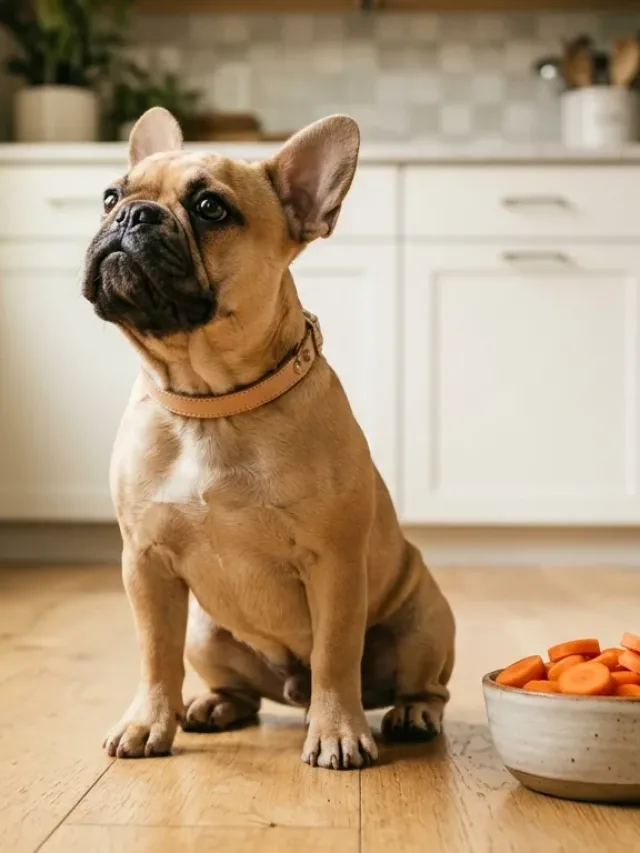 French Bulldog sitting next to a bowl of fresh sliced carrots on the kitchen floor